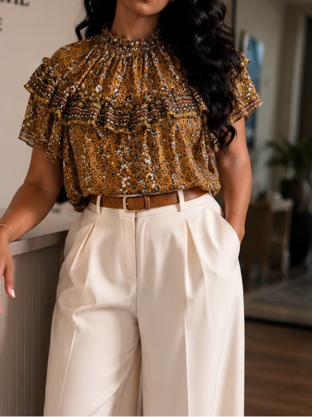 Ulla Johnson Brown Ruffled Bib Collar Blouse